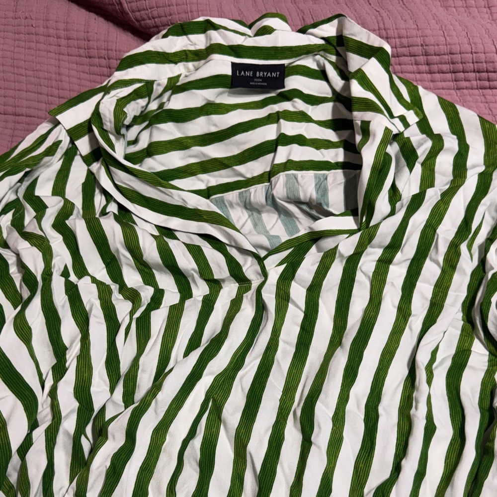 Lane Bryant Green and White Striped Casual Button-Down Shirt